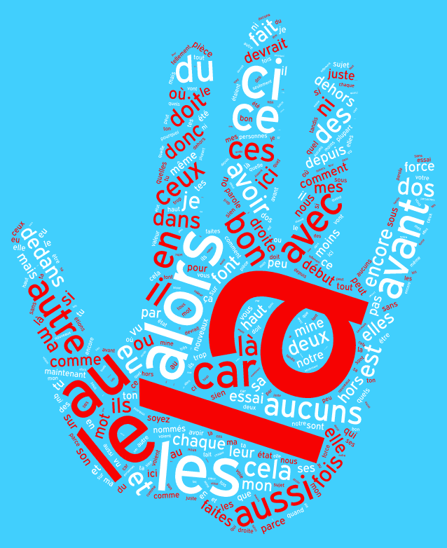 Nuage de mots vides en forme de main qui fait stop en rouge et blanc sur fond bleu comme le logo de l’agence web RIA Création.