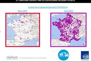 Répartition des sites de drive en France en 2010 et en 2016.