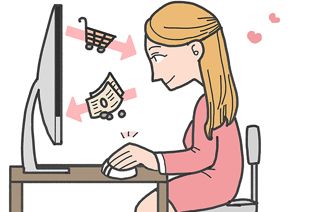 Illustration d'une femme faisant des achats en ligne.