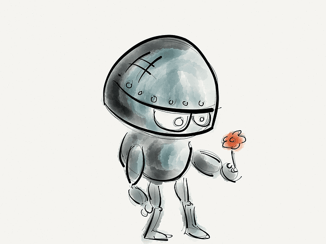 Dessin d'un robot tenant une fleur dans sa main.