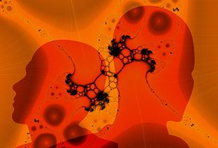 Image de deux silhouettes humaines couleur orange reliées par un réseau neuronal.